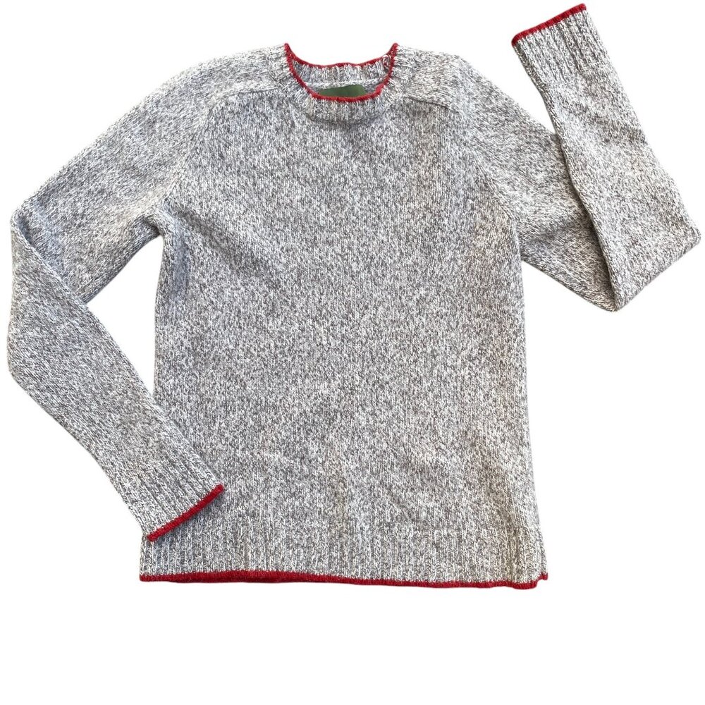 Eddie Bauer Lambswool Ragg Knit Sweater Gray Red Contrast Trim Fisherman-LT